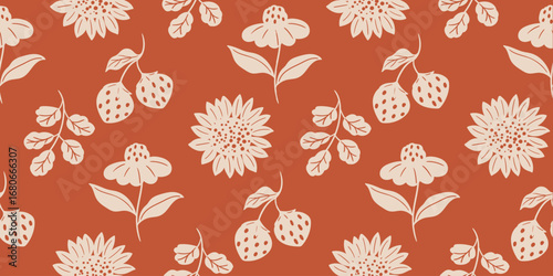 Autumn season seamless pattern background vector. Fall harvest wallpaper with strawberry, sunflower, leaves. Design for print, cover, fabric, packaging, wall art, home decor. 