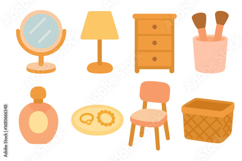 Children's Vanity Setup. Flat vector mini-illustrations beauty vanity setup in colors children's illustrations