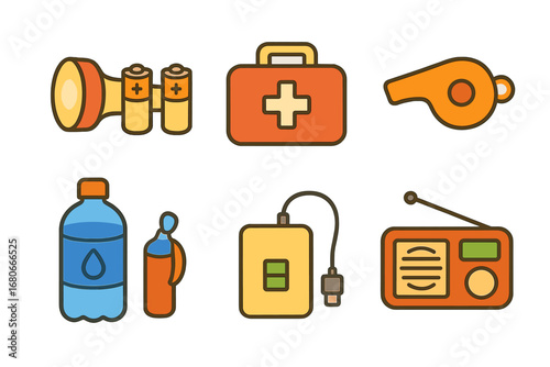 Children's Emergency Kit Icons. Flat vector mini-illustrations home emergency kits in colors children's