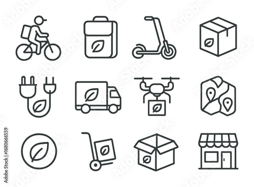 Eco Delivery Icons. Outline icon set of eco-friendly delivery services: courier bike, delivery backpack,