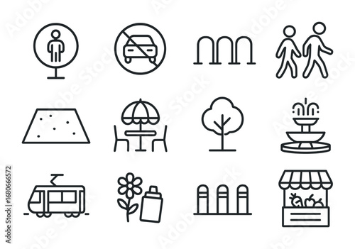 Traffic-Free City Icons. Outline icon set of traffic-free city centers: pedestrian zone, no car sign, bike