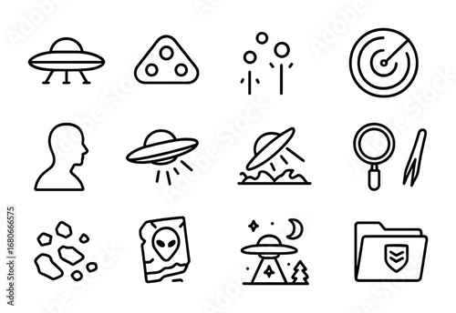 UFO Investigation Icons. Outline icon set of UFO investigations: classic saucer, triangular UFO, blinking