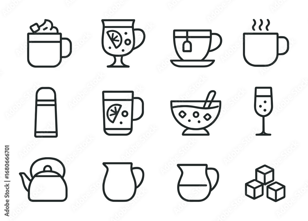 Obraz premium Seasonal Drink Icons. Outline icon set of seasonal drinks: hot cocoa, mulled wine, tea cup, coffee mug,