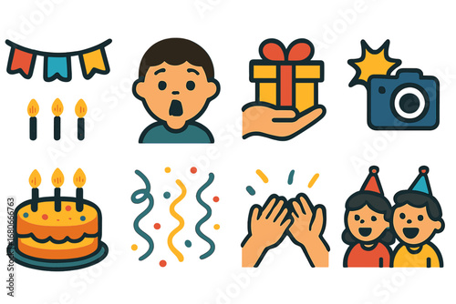 Children's Party Icons. Flat vector mini-illustrations surprise party moment in colors children's