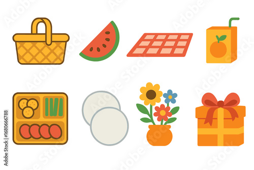 Family Picnic Icons. Flat vector mini-illustrations family reunion picnic in colors children's illustrations: