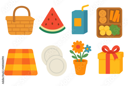 Family Picnic Icons. Flat vector mini-illustrations family reunion picnic in colors children's illustrations: