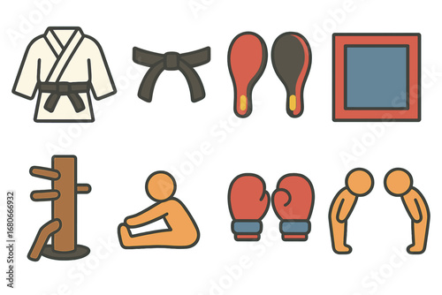 Martial Arts Icons. Flat vector mini-illustrations martial arts preparation in colors children's illustrations
