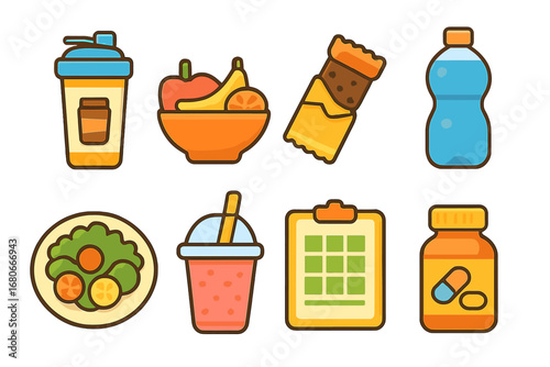 Children's Fitness Nutrition Icons. Flat vector mini-illustrations athlete nutrition and hydration in colors