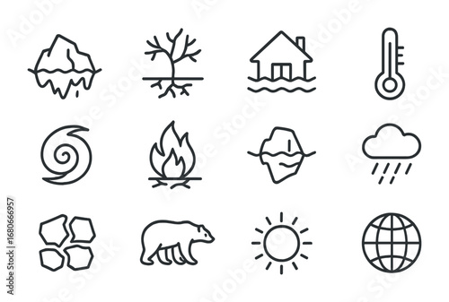 Climate Change Icons. Outline icon set of climate change impacts: melting iceberg, drought tree, flood house,