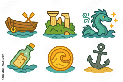 Mythical Island Adventure Icons. Flat vector mini-illustrations island-hopping mythical voyage in colors