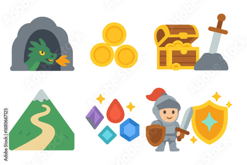 Dragon's Treasure Quest Icons. Flat vector mini-illustrations quest for a dragon’s treasure in colors children