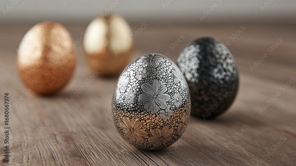 Fototapeta premium Decorative eggs with floral patterns arranged on wooden surface