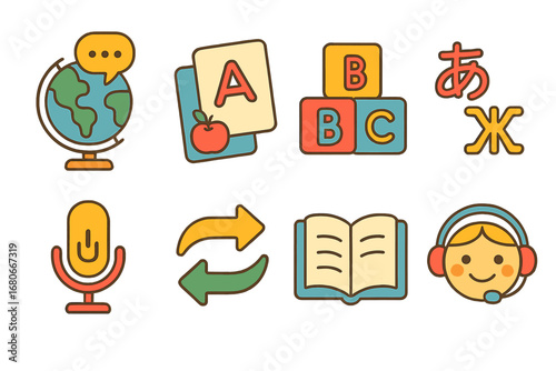 Kids Language Learning Icons. Flat vector mini-illustrations language learning apps in colors children's