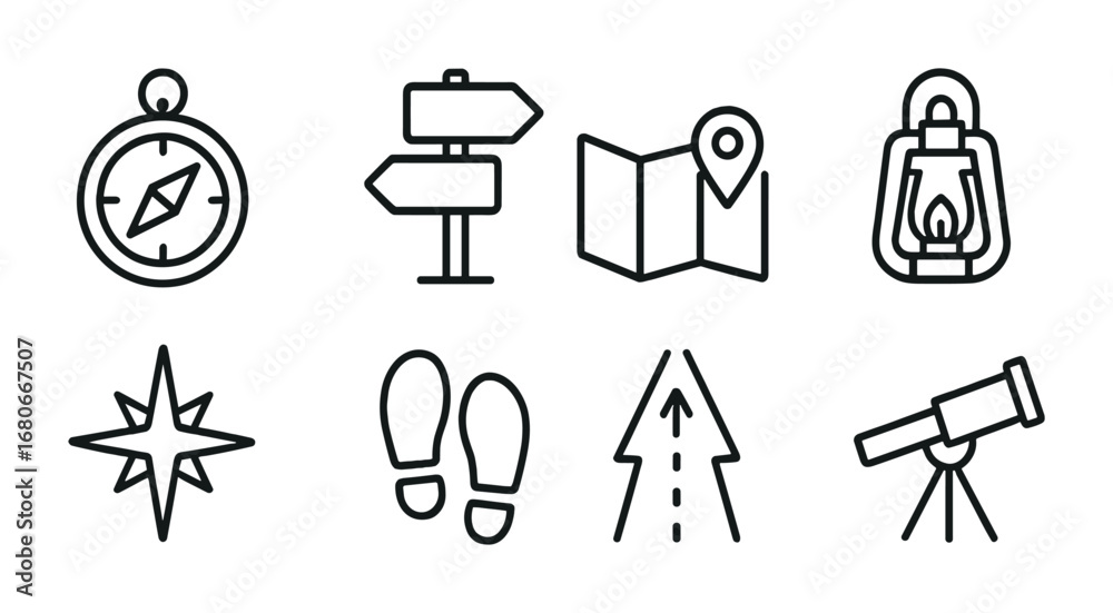 Fototapeta premium Guidance Icon Set. Outline icon set of guidance and direction: compass, signpost, map, lantern, guiding star,