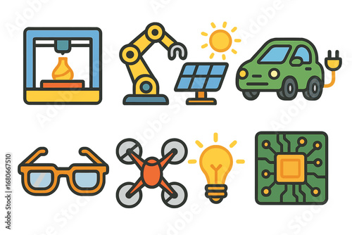 Innovative Children's Icons. Flat vector mini-illustrations breakthrough inventions in colors children's