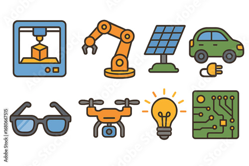 Innovative Children's Icons. Flat vector mini-illustrations breakthrough inventions in colors children's