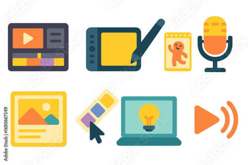 Creative Tools Icons. Flat vector mini-illustrations digital creativity and media in colors children's