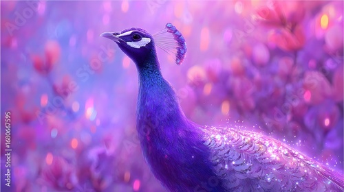 A vibrant purple peacock, adorned with shimmering details, stands amidst a soft, out-of-focus background of blossoming pink flowers.