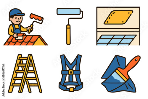 Rooftop Painting Icons. Flat vector mini-illustrations painting rooftops and ceilings in colors children's