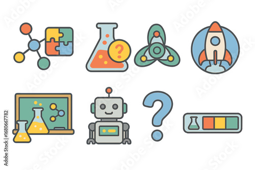 Science Adventure Icons. Flat vector mini-illustrations science discovery games in colors children's