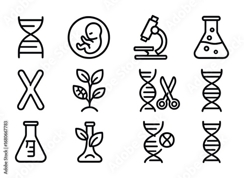 Genetic Enhancement Icons. Outline icon set of genetic enhancement: DNA strand, embryo, microscope, lab flask,