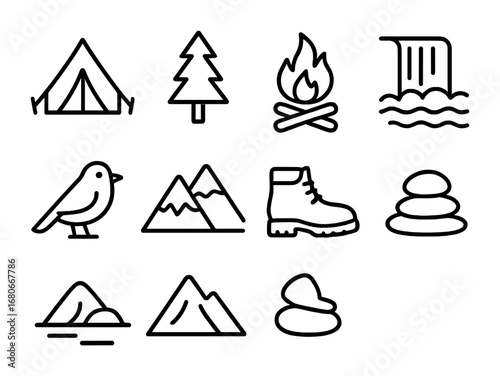 Nature Retreat Icons. Outline icon set of nature retreat: tent, pine tree, campfire, waterfall, bird, mountain