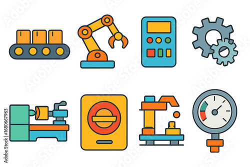Factory Icons for Kids. Flat vector mini-illustrations Factory machinery operations in colors children's