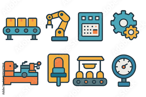 Factory Icons for Kids. Flat vector mini-illustrations Factory machinery operations in colors children's