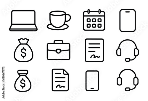 Freelancing Icons Grid. Outline icon set of freelancing and gig work: laptop, coffee cup, calendar, smartphone