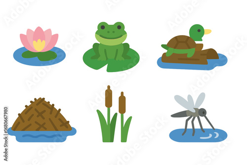 Water Habitat Icons. Flat vector mini-illustrations Water habitats in colors children's illustrations: pond