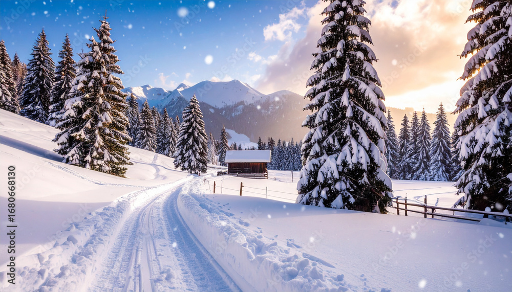 Obraz premium Whispers of Winter: A Serene Mountain Snowfall Escape
