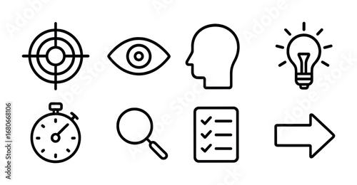 Focus Icons Grid. Outline icon set of focus and concentration: target, eye, head silhouette, light bulb, timer