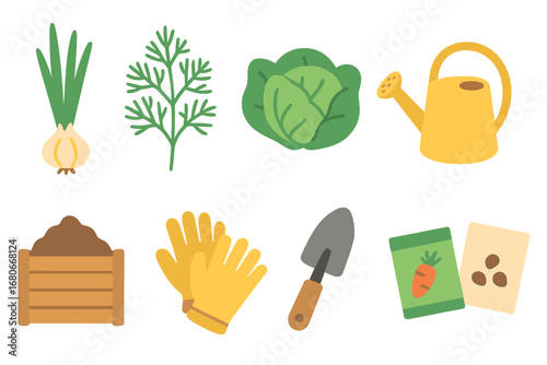 Children's Garden Icons. Flat vector mini-illustrations Dacha kitchen garden in colors children's