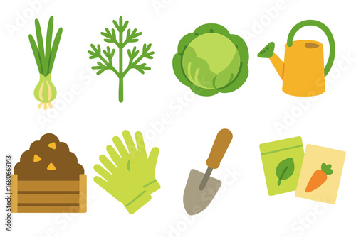 Children's Garden Icons. Flat vector mini-illustrations Dacha kitchen garden in colors children's