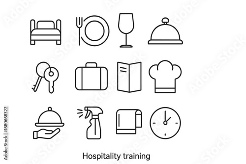 Hospitality Training Icons. Outline icon set of hospitality training: bed, plate, wine glass, reception bell,