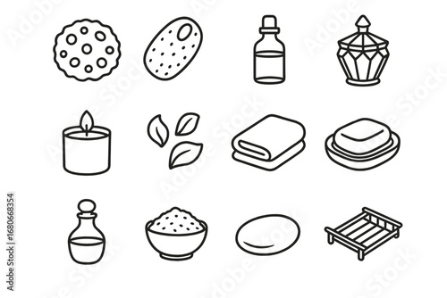 Luxury Bath Icon Set. Outline icon set of luxury bath items: silk sponge, natural loofah, essential oil,