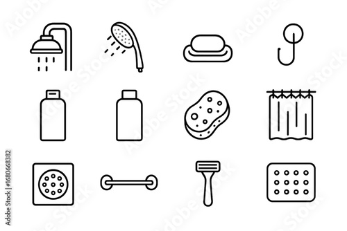 Shower Accessory Icons. Outline icon set of shower accessories: shower head, handheld sprayer, soap dish, wall