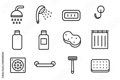 Shower Accessory Icons. Outline icon set of shower accessories: shower head, handheld sprayer, soap dish, wall