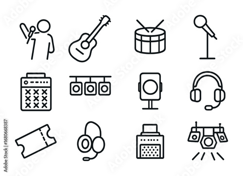 Live Performance Icons. Outline icon set of live performance: singer silhouette, guitar, drum, microphone