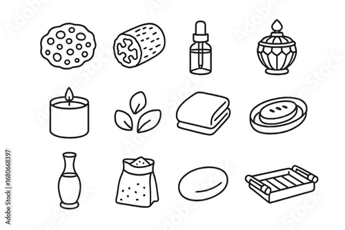 Luxury Bath Icon Set. Outline icon set of luxury bath items: silk sponge, natural loofah, essential oil,