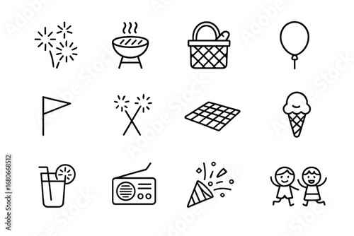 Family Celebration Icons. Outline icon set of family celebration: fireworks, barbecue grill, picnic basket,