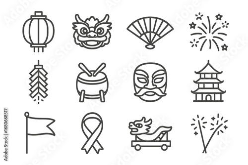 Holiday Fireworks Icons. Outline icon set of traditional holiday fireworks: lantern, dragon, fan, fireworks,