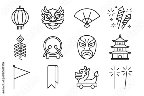 Holiday Fireworks Icons. Outline icon set of traditional holiday fireworks: lantern, dragon, fan, fireworks,