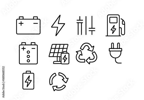 Energy Storage Icons. Outline icon set of energy storage: battery, lightning bolt, capacitor, charging station