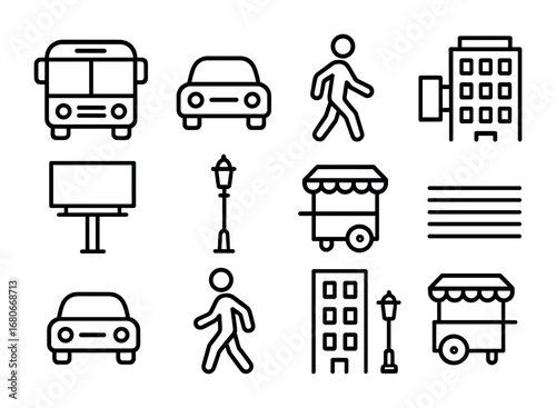City Icons Grid. Outline icon set of crowded city street: bus, car, pedestrian, building, billboard, lamppost,