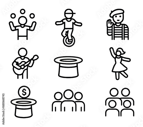 Street Performer Icons. Outline icon set of street performances: juggler, unicyclist, mime, guitarist,