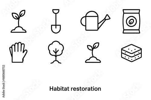 Habitat Restoration Icons. Outline icon set of habitat restoration: sapling, shovel, watering can, seed bag,