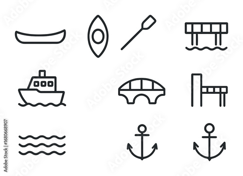 River Transport Icons. Outline icon set of river transportation: canoe, kayak, paddle, ferry boat, bridge,