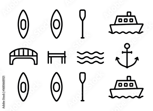 River Transport Icons. Outline icon set of river transportation: canoe, kayak, paddle, ferry boat, bridge,
