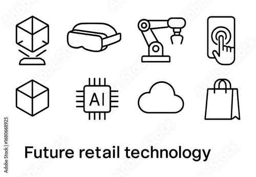 Future Retail Icons. Outline icon set of future retail technology: hologram, AR headset, robotic arm,